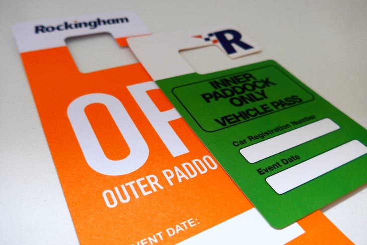 Rockingham Speedway — die-cut vehicle tags with fluorescent ink
