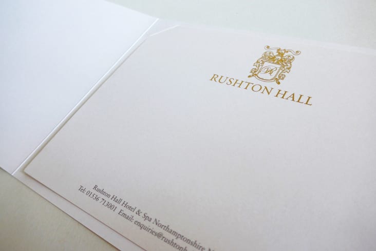 Rushton Hall letterhead with gold foil-blocked crest