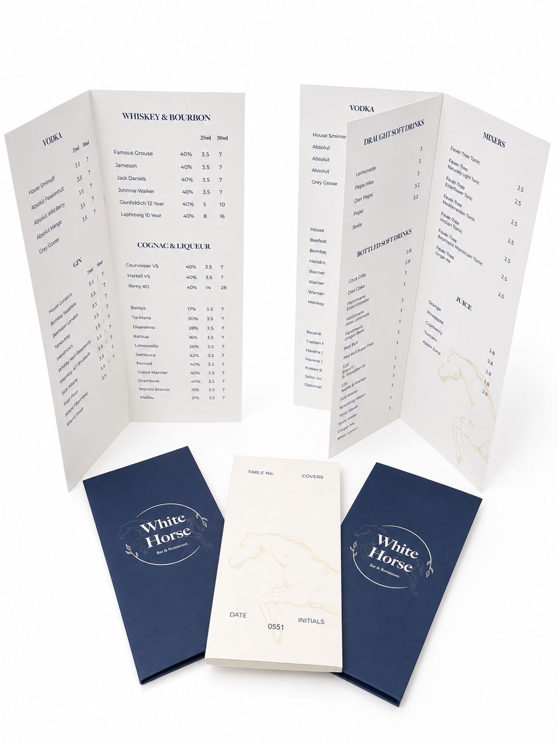 White Horse — folded drinks menus, menu covers and order pads